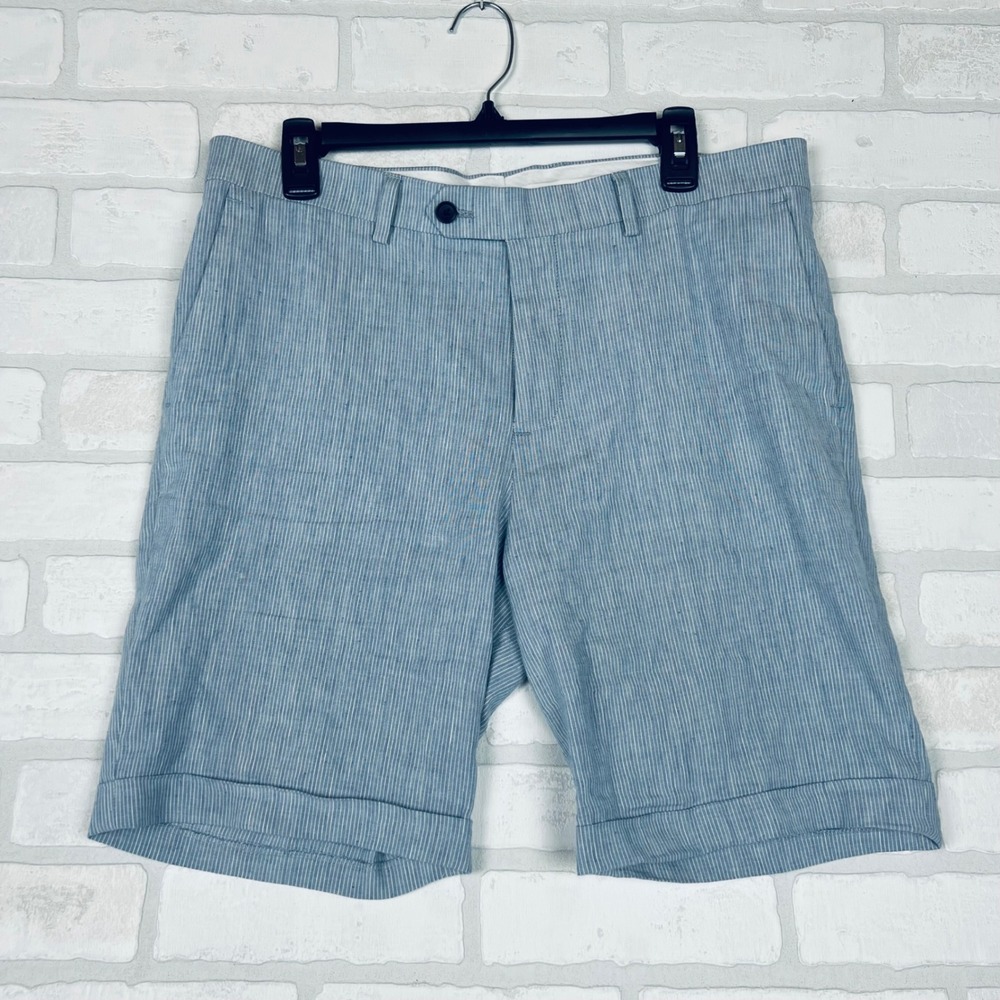 Express Mens Blue White Striped Seersucker Cuffed Shorts Size 32